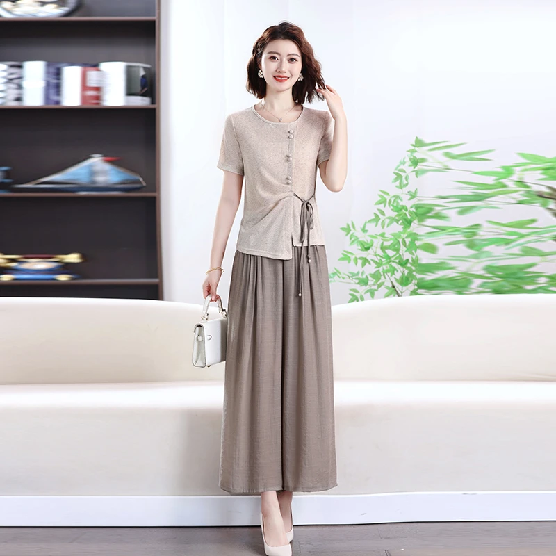 妈妈装短袖套装女设计感洋气上衣中老年阔腿裤2025夏季爆款两件套