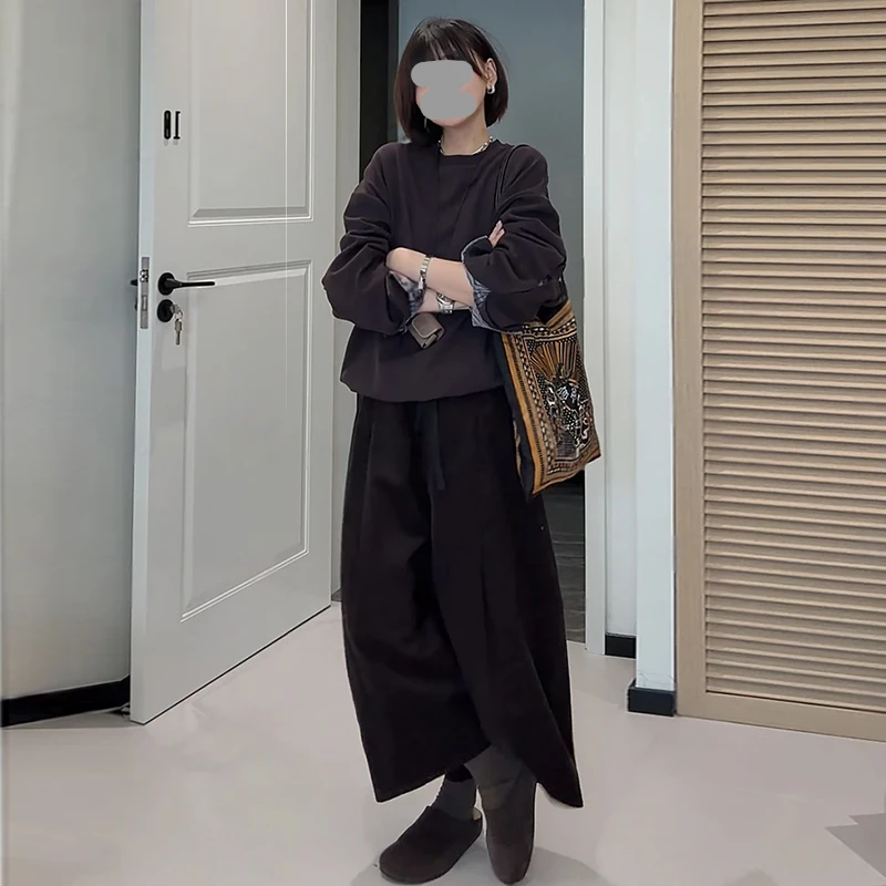 小个子复古松紧腰阔腿裤裙女2025春秋新款时尚宽松百搭直筒弯刀裤