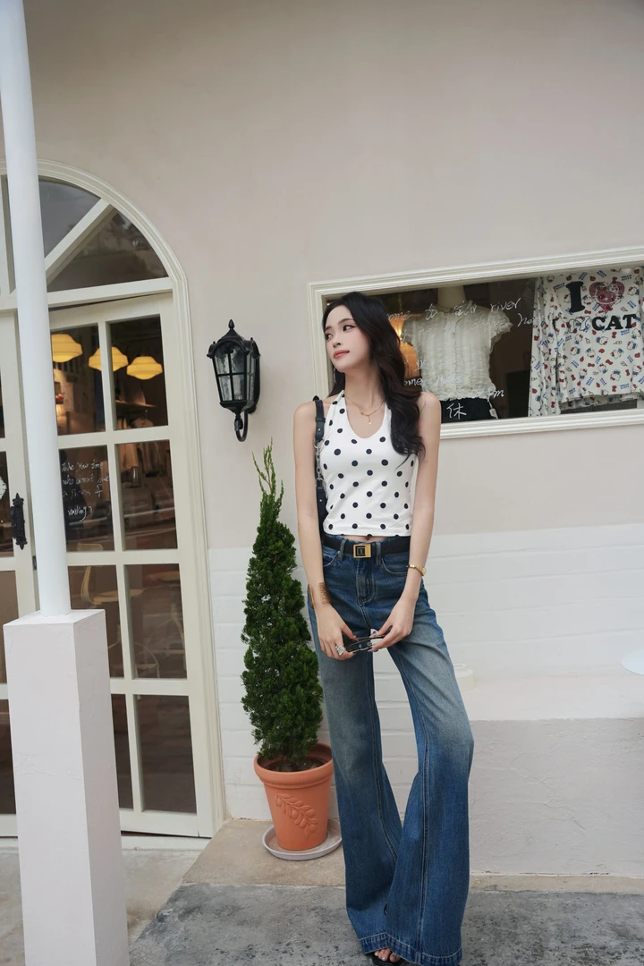 【星海蓝】早秋新款高定新款100棉中高腰阔腿筒叭牛仔直筒复古款