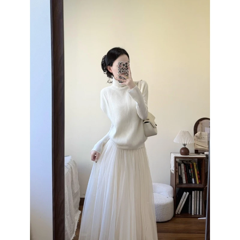 松弛感高领针织毛衣女秋冬设计百搭马甲背心温柔风气质半身裙套装