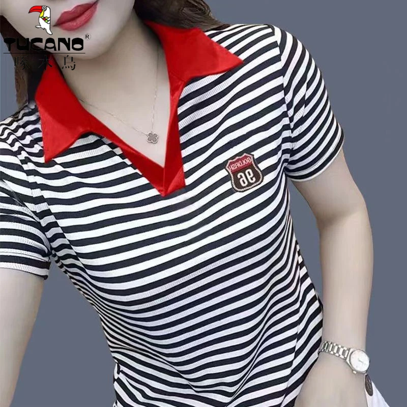 2025新品啄木鸟清仓正品夏休闲减龄上衣V领高级修身大码T恤遮肉