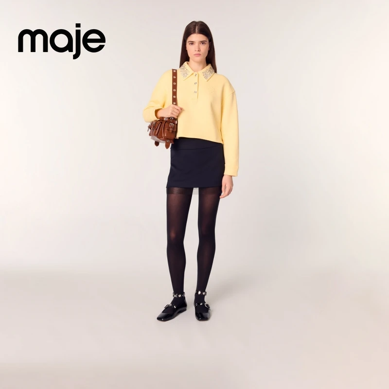 Maje 2025秋冬新款女装色棉质仿钻饰翻领套头针织衫MFPSW00195