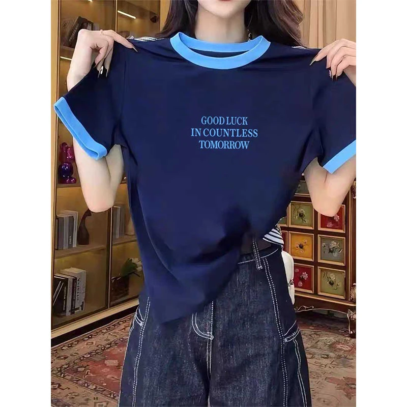 2025春夏季新款正肩彩色领口拼接撞色t恤短袖女潮小众设计感上衣