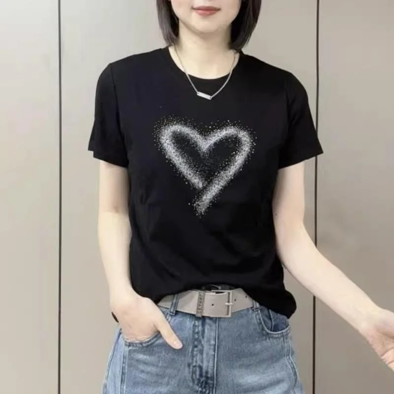 2025年夏款圆领高档烫钻设计感时尚百搭短袖显瘦上衣款女T恤