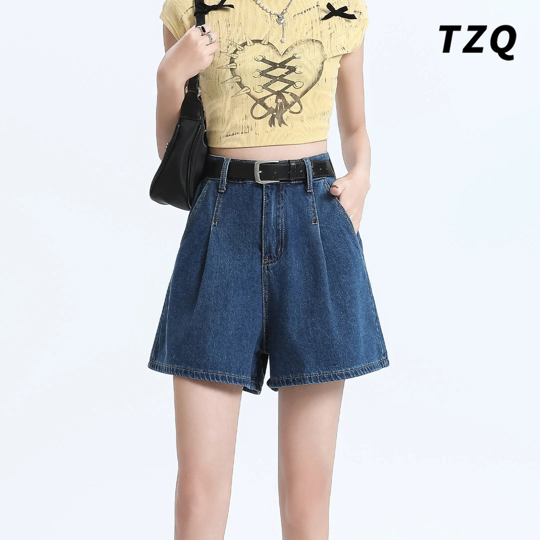 港风复古蓝牛仔短裤女装爆款秋褶皱高腰宽松显瘦阔腿裤TZQ2571216