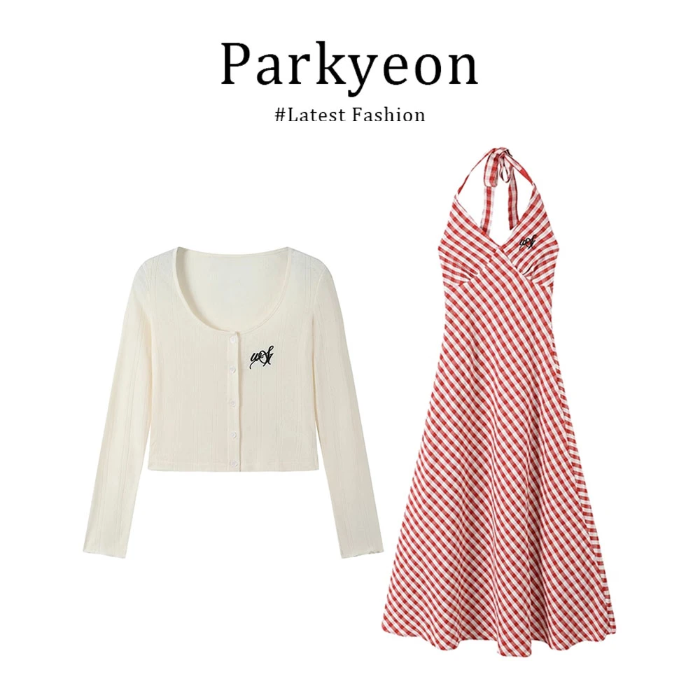parkyeon法式开衫上衣挂脖吊带连衣裙套装女装夏季度假风辣妹穿搭