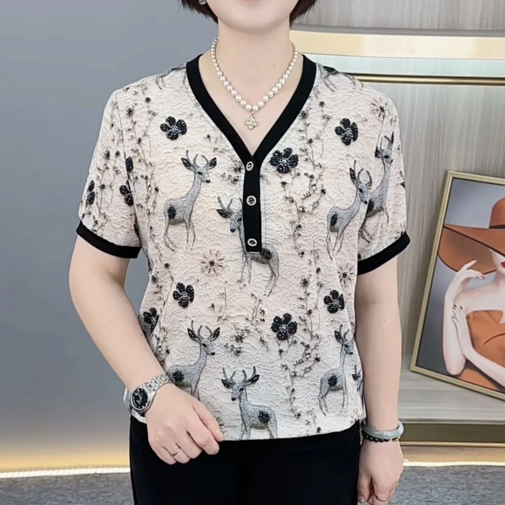 夏季新款时尚V领洋气妈妈装宽松显瘦休闲百搭女士短袖上衣H1703