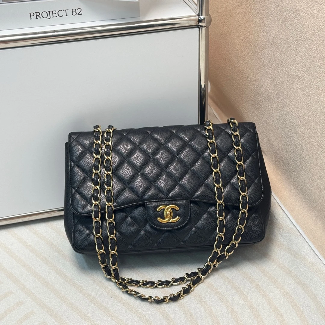95新 Chanel/香奈儿 Chanel 黑金 荔枝牛 cf jumbo单盖/628874004
