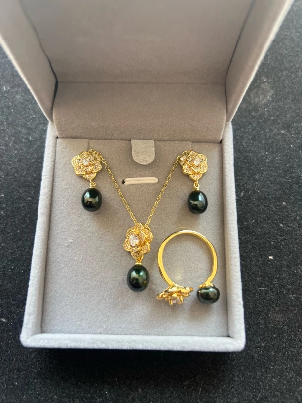 343 天然珍珠戒子耳钉项链三件套