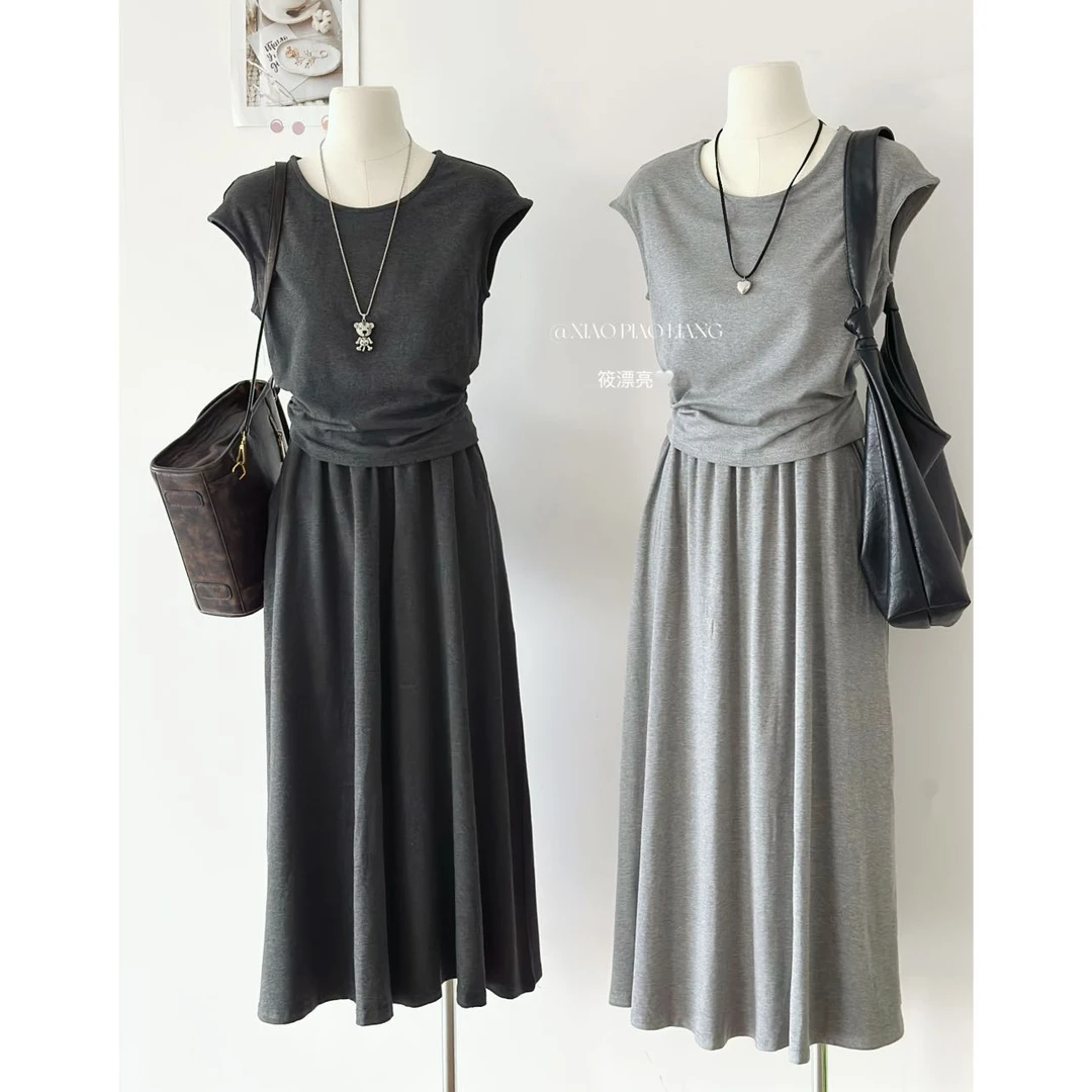 娇娇-韩系慵懒风松弛感夏圆领飞飞袖上衣宽松半身裙套装7880#0.1