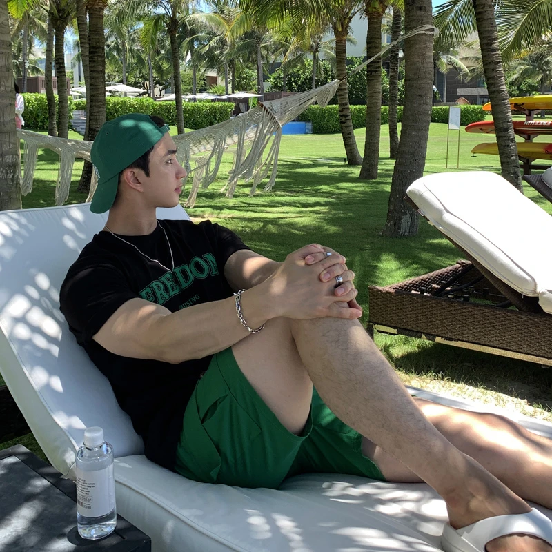 碧舍夏季圆领T恤男士英文印花设计感上衣休闲百搭韩版短袖多巴胺