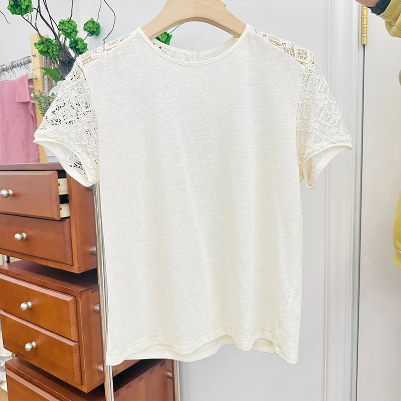 45SY3516拼接圆领短袖蕾丝打底衫纯色女士宽松T恤设计师简约上衣