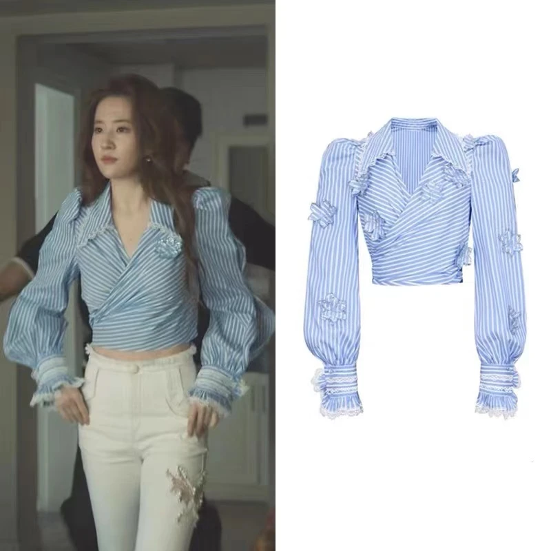 辰辰辰服饰刘亦菲玫瑰的故事条纹衬衣