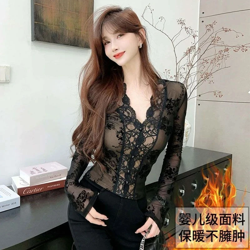 加绒花边V领蕾丝打底衫女内搭秋冬新款轻熟风御姐长袖上衣女