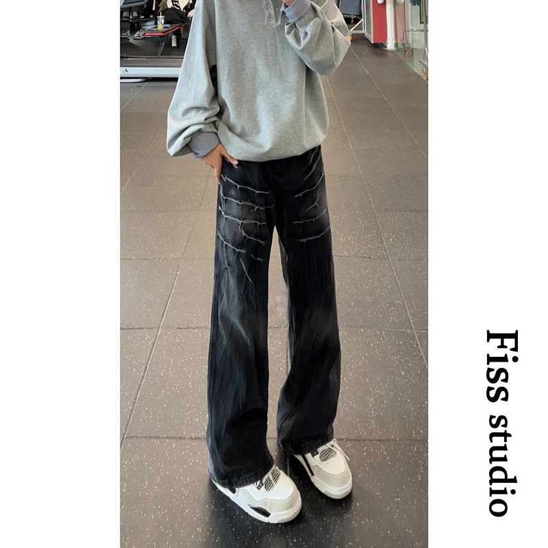 水洗小众闪电纹牛仔裤美式高街阔腿街头痞帅设计感做旧复古潮