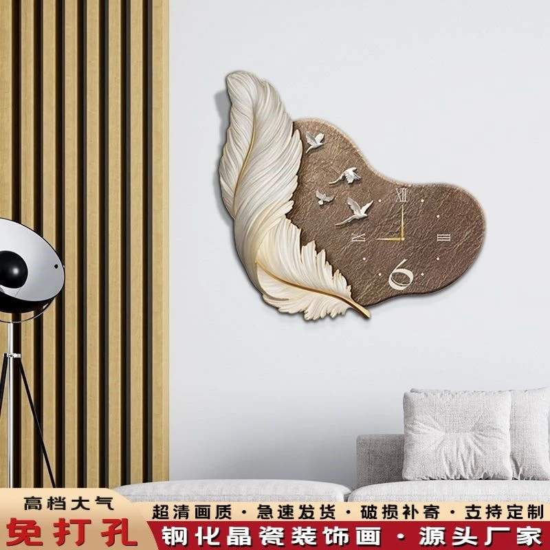 羽毛带时钟钟表轻奢高档花朵挂钟餐桌饭厅挂画餐厅装饰画676