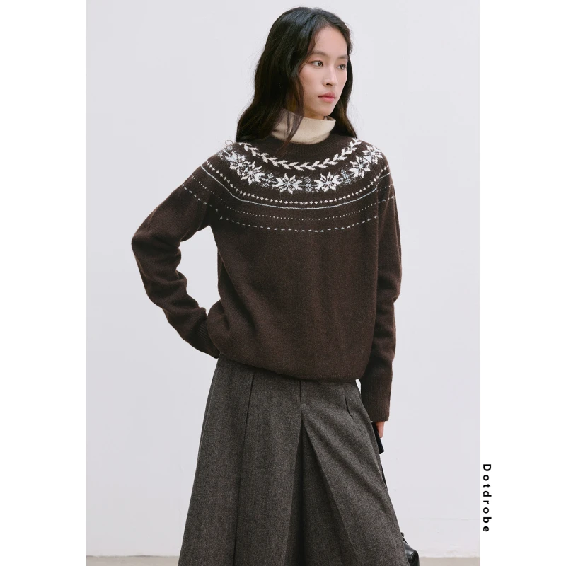 【冬上新】羊驼羊毛混纺 复古费尔岛圆领套头毛衣女针织衫-C337