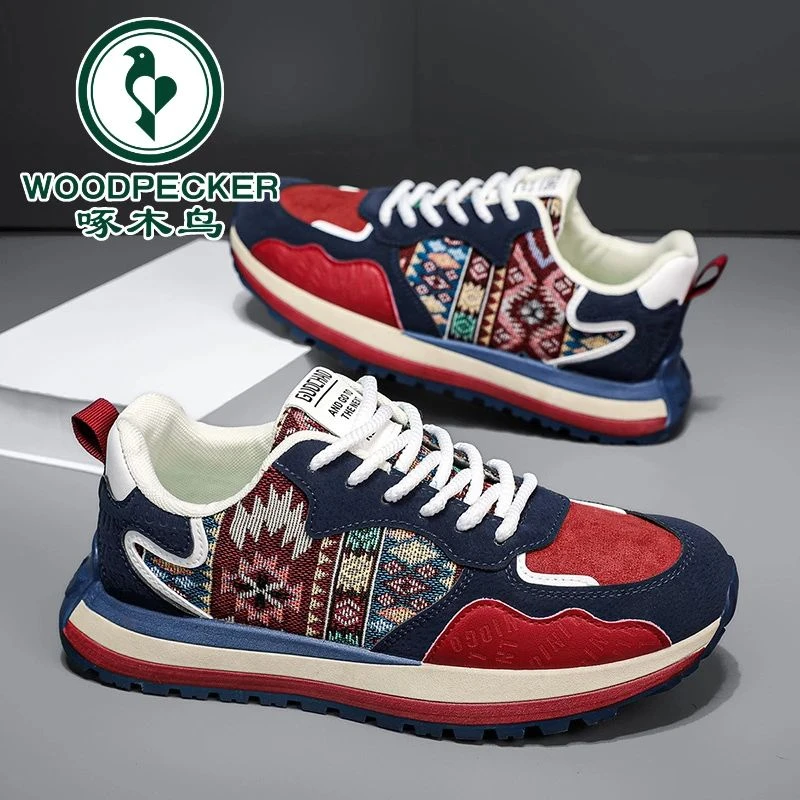 【正品啄木鸟】男鞋2025新款夏季布面百搭厚底运动休闲潮鞋老爹鞋子