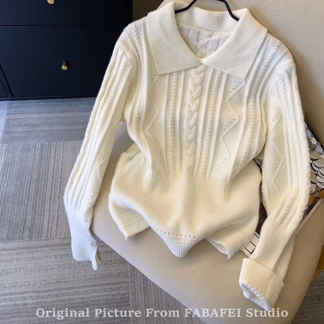 韩系纯色翻领麻花针织衫女2025秋冬设计感高级polo领长袖打底毛衣