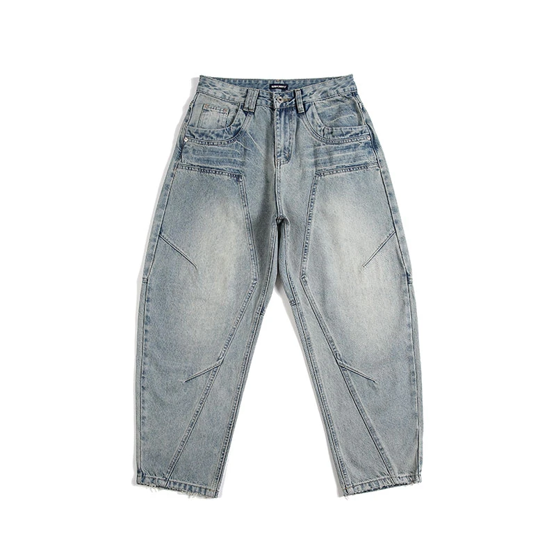 T赤兔记秋季长裤美式立体折痕牛仔裤伐木弯刀裤做旧复古水洗1055