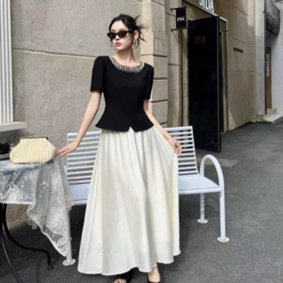 （收）夏季新款6811法式优雅气质重工圆领拼色修身假两件连衣裙