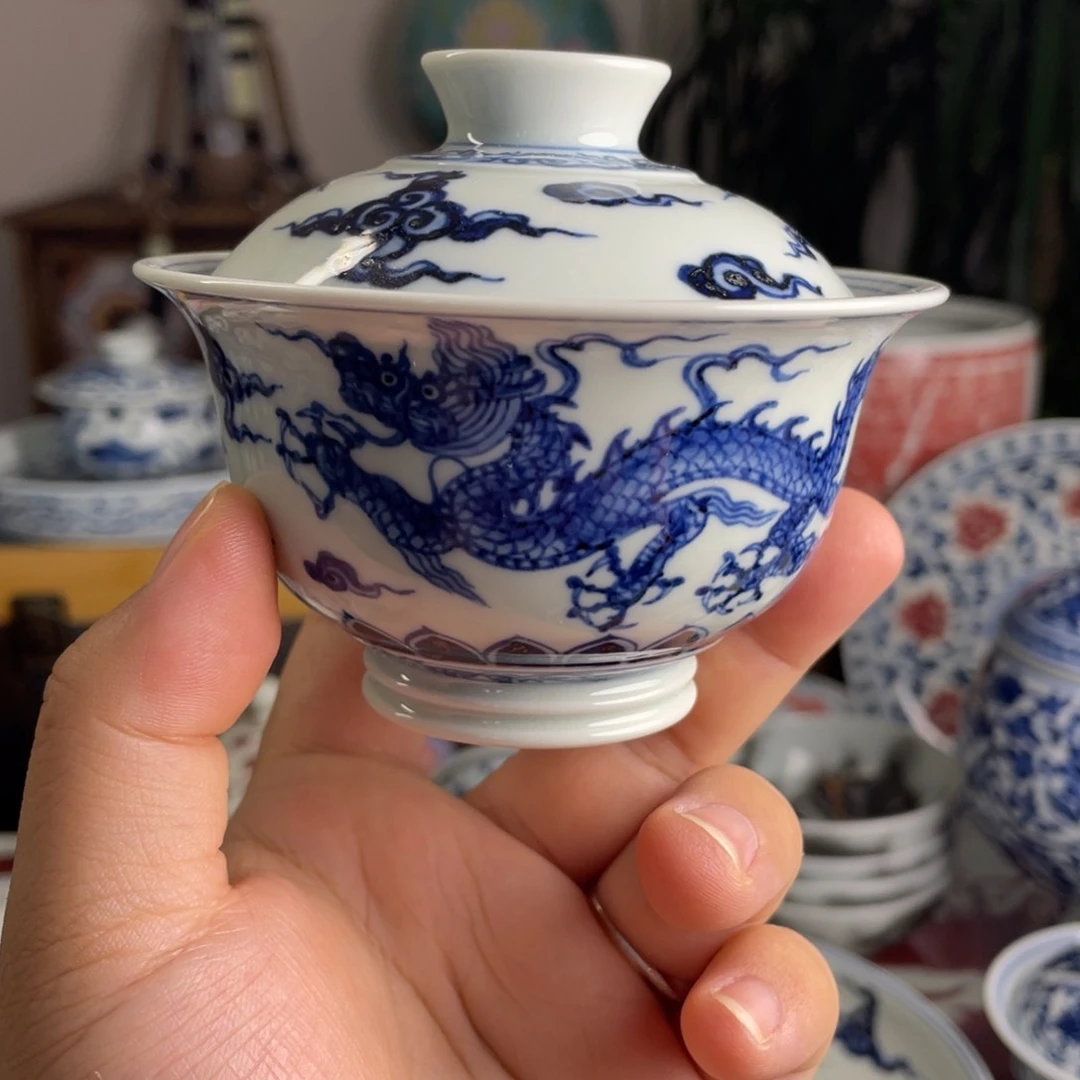 青花仿明双龙盖碗