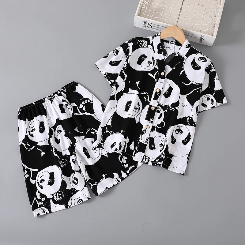 夏季睡衣女童女孩棉绸薄款空调服男童小孩儿童绵绸家居服宝宝套装