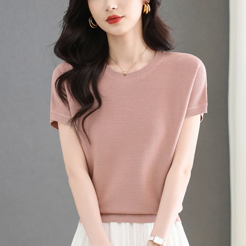 短袖t恤女夏季2025新款遮肚子宽松胖mm大码冰丝针织衫小个子上衣