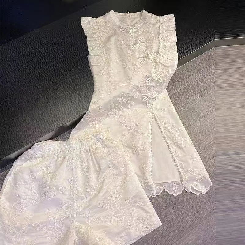 新中式国风飞飞袖斜襟盘扣上衣搭配短裤套装女夏季显瘦