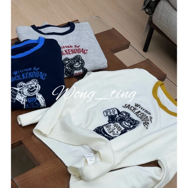 Wong_ting小众设计师小熊印花长袖绵羊毛新款时尚休闲风百搭12094