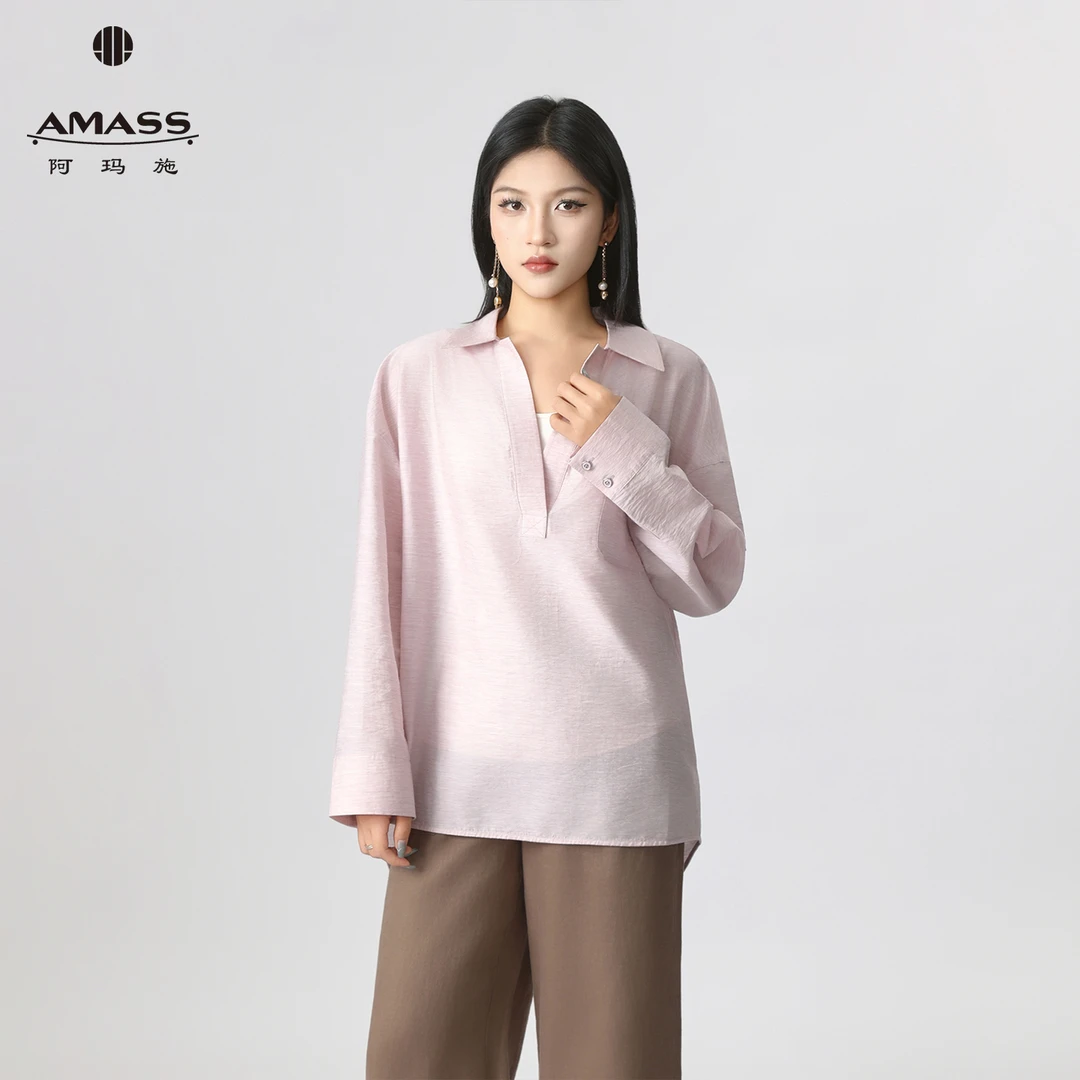 阿玛施女装极简纯色舒适长袖衬衣2025秋季防晒透视轻薄衬衫530074