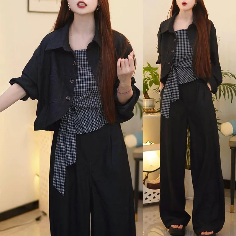 2025春秋新款格纹吊带气质短款外套阔腿裤三件套女士显瘦秋季套装