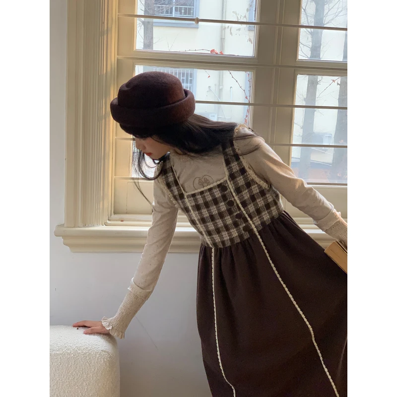 霍里德地图毛呢拼接方领背心吊带裙女秋季高腰中长款超好看连衣裙