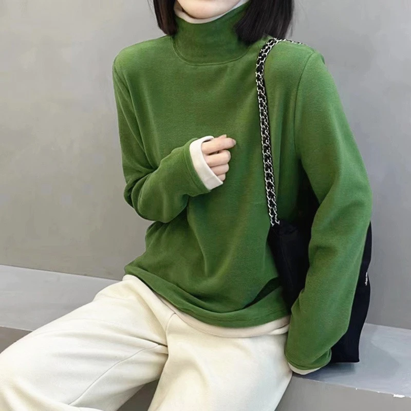 绿色高领长袖打底衫女秋冬德绒加厚拼色上衣保暖百搭磨毛T恤宽松