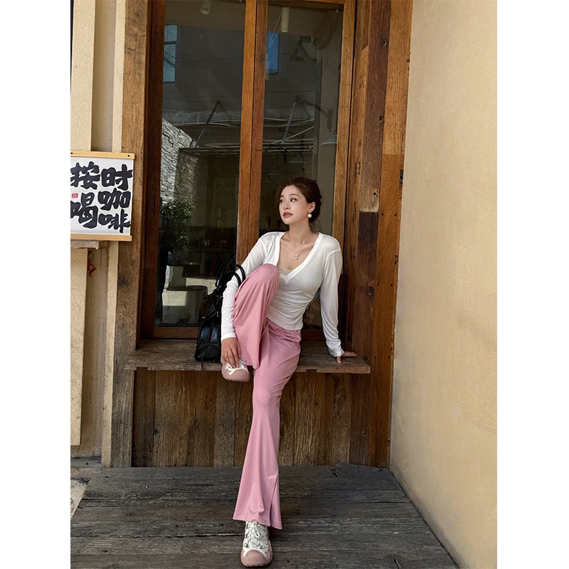 六指导 沁夏悠然 莱赛尔垂感凉凉裤女弹力显瘦脚口开叉直筒休闲裤