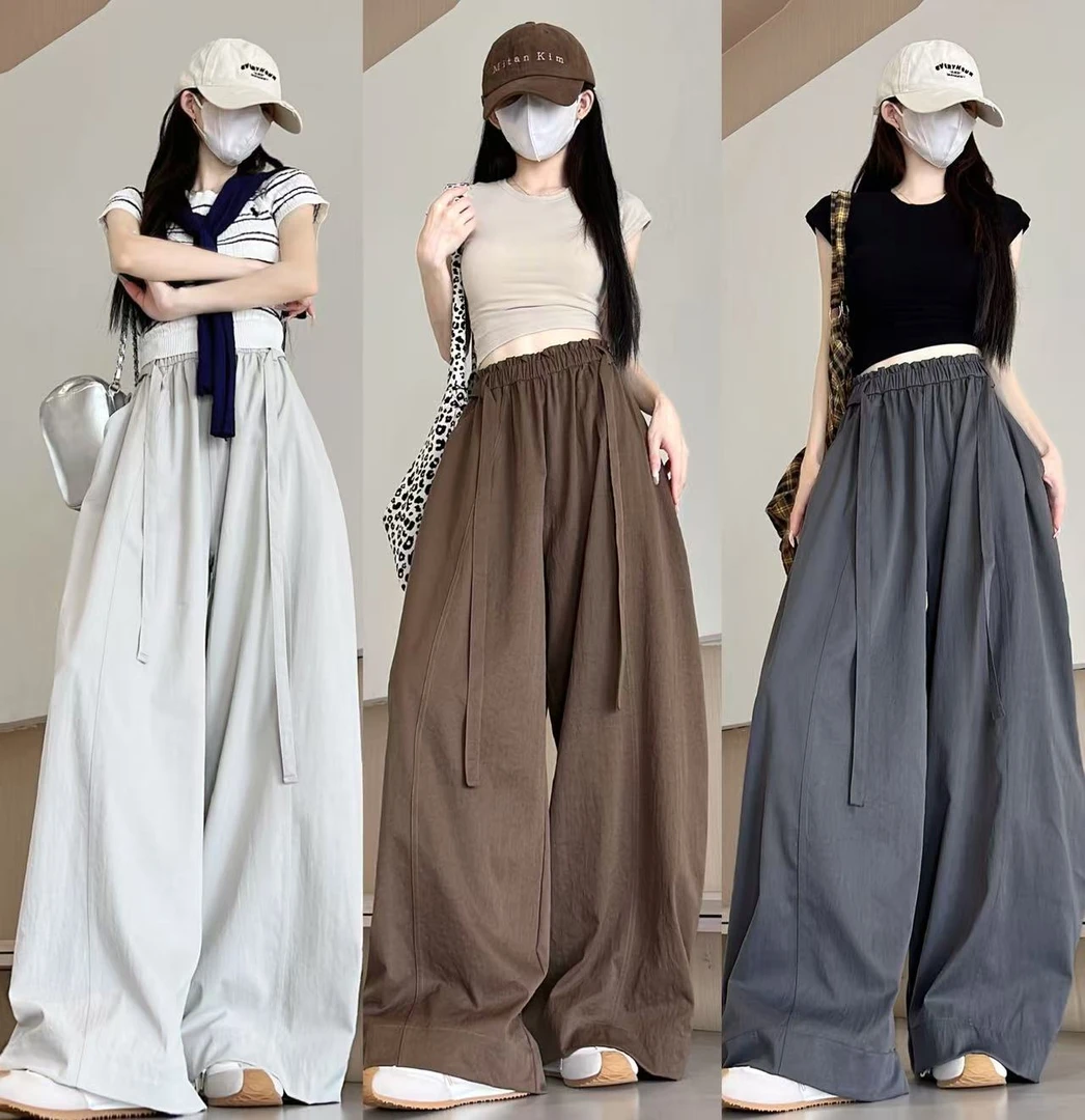 韩系挺阔弯刀空气裤女新款百搭显瘦木耳边压褶休闲阔腿裤长裤