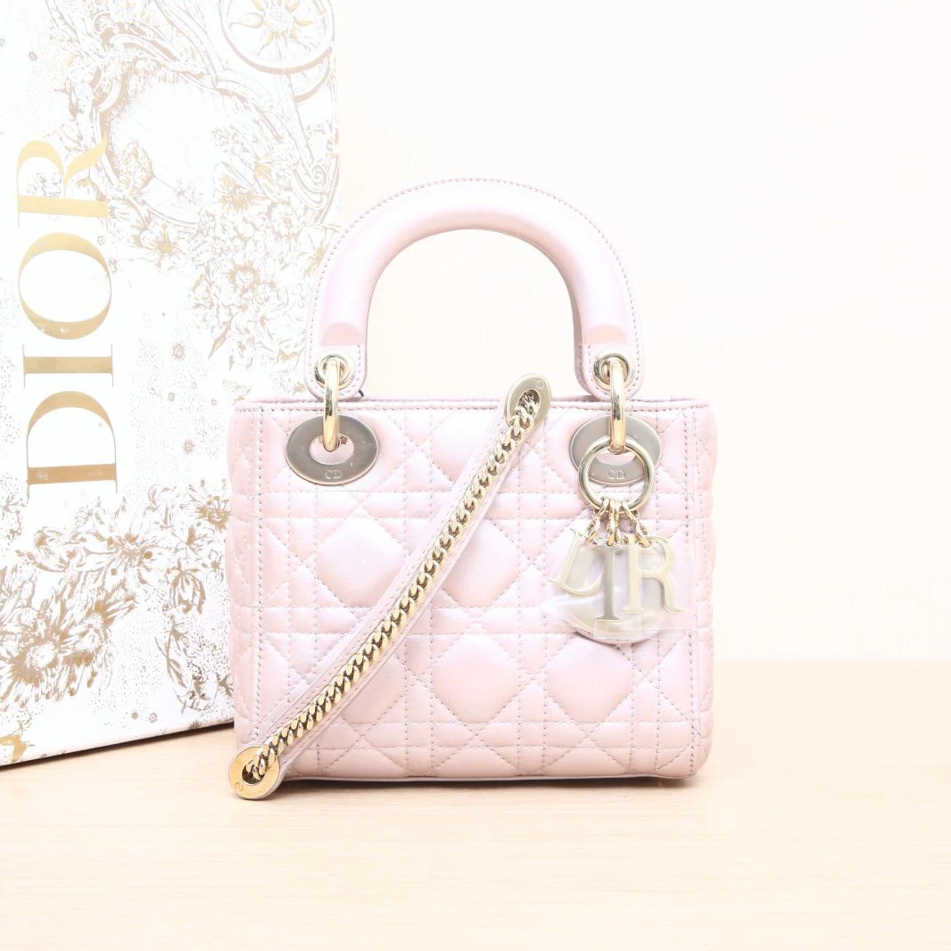 95新 DIOR/迪奥 小花双双 戴妃包 三格 粉色 皮革S 2017 金扣
