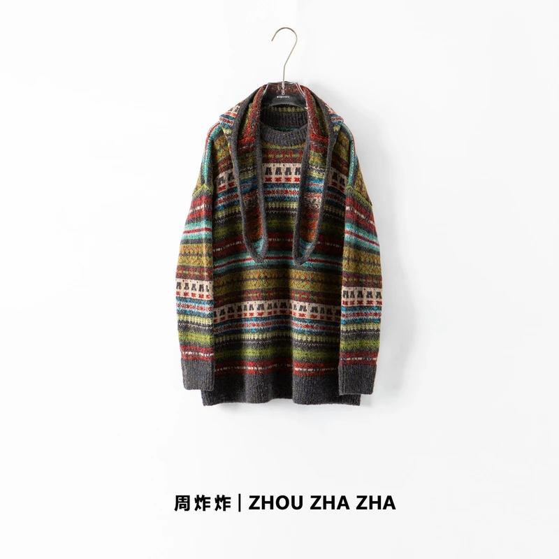 【周炸炸】复古提花长袖毛衣秋冬新款慵懒感宽松显瘦针织衫#232716