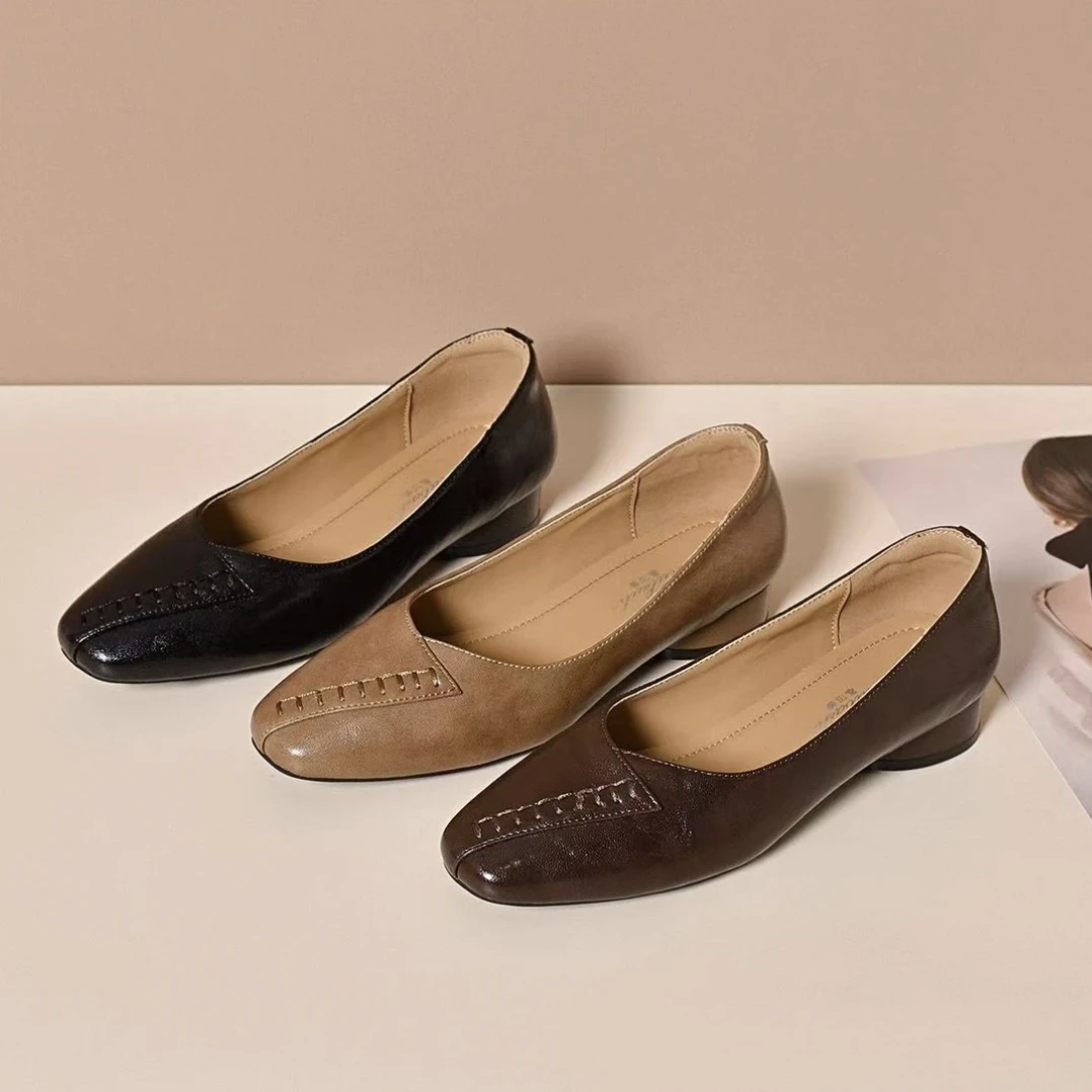 【朵苮品牌】春季新款法式妈妈鞋舒适软皮软底粗跟浅口小单鞋6205