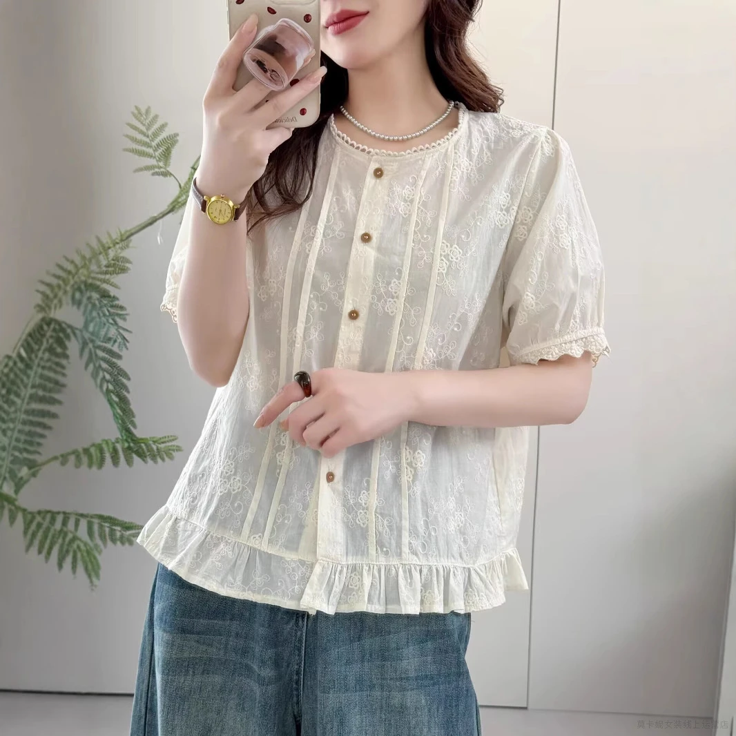夏季清新中袖衬衫女重工刺绣薄款雪纺苎麻新款上衣女短袖衬衣女款