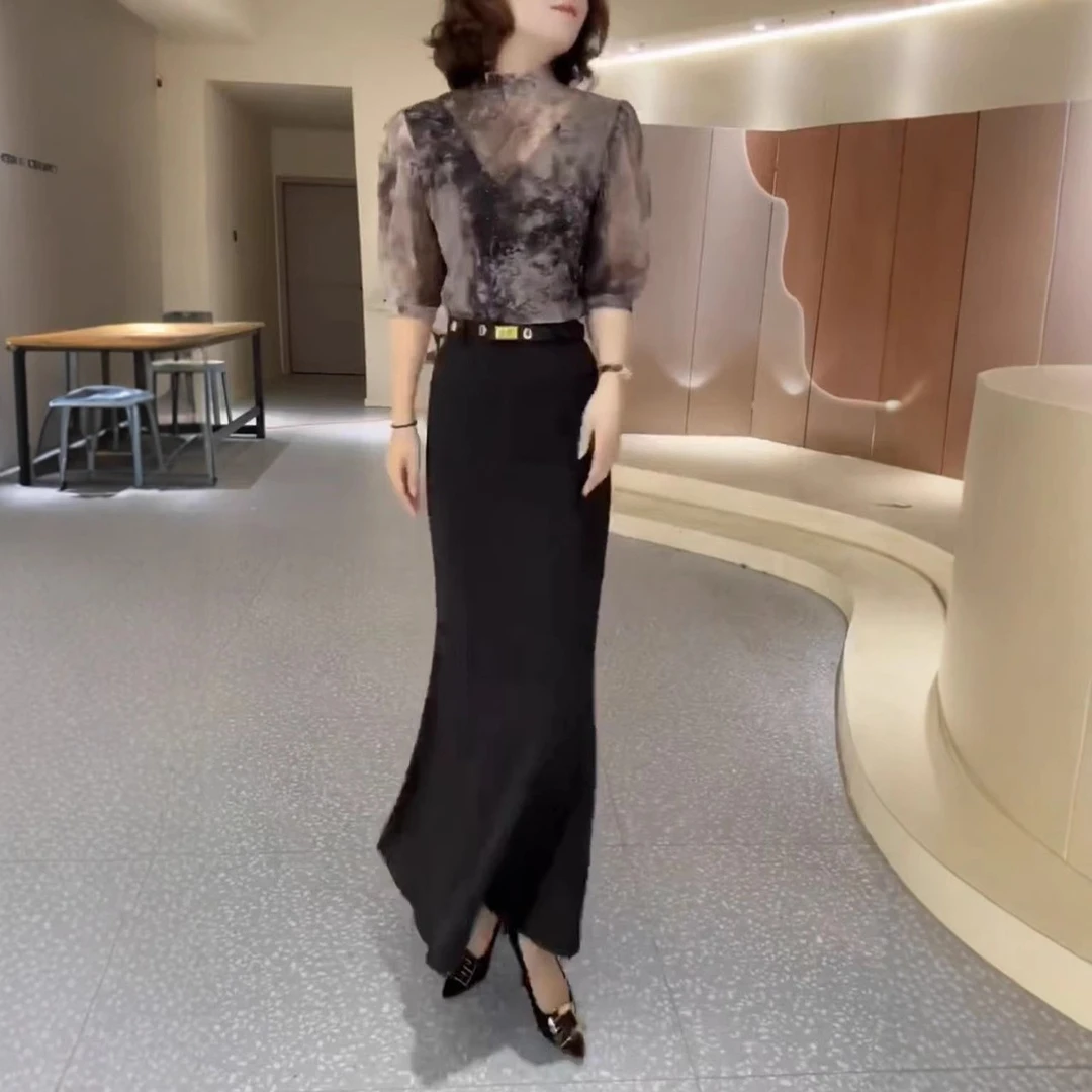 2025年春秋季新款时尚气质百搭显瘦长袖衬衫高腰半身裙两件套女潮