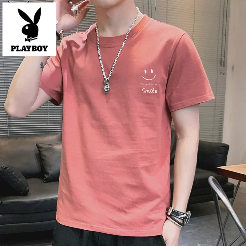 花花公子短袖t恤男士红色纯棉上衣服夏季新款潮牌休闲体