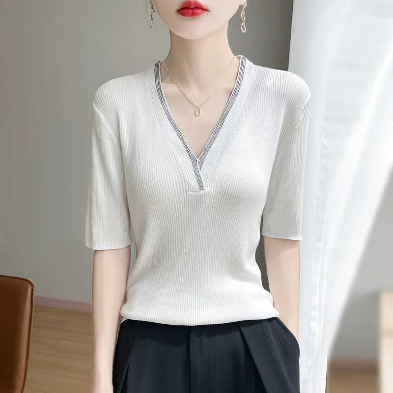 重工艺烫钻V领短袖女莱赛尔天丝薄款t恤衫透气弹力高级半袖上衣夏