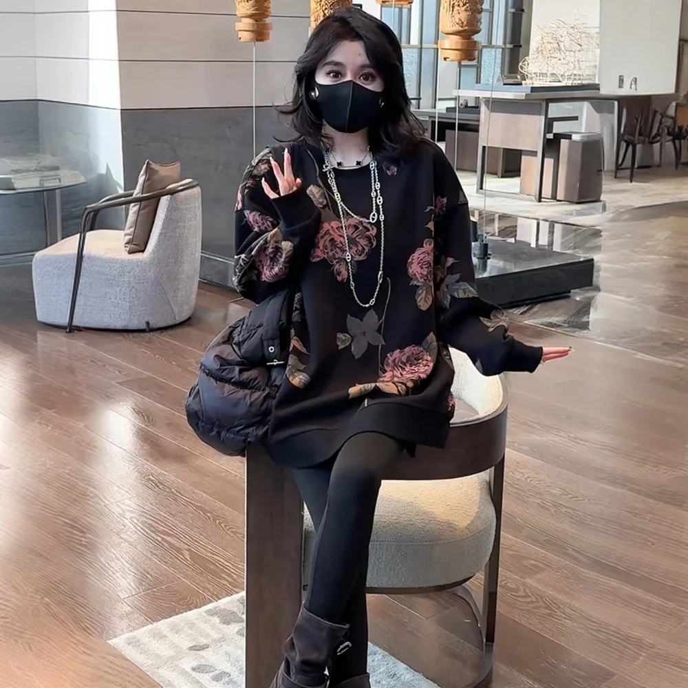 复古休闲宽松中长款圆领印花加绒卫衣女秋冬加厚时尚上衣冬季新款