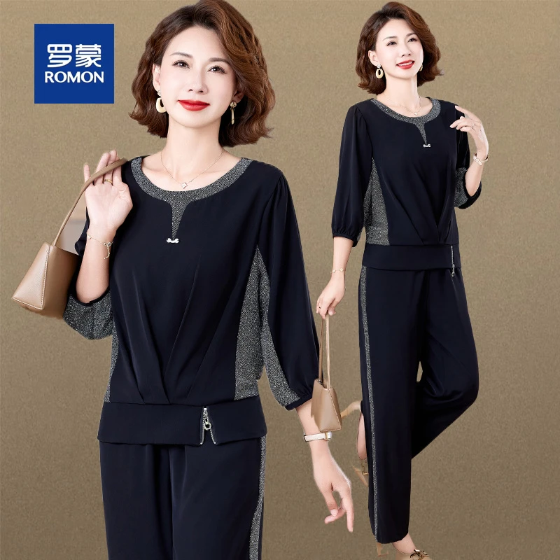 罗蒙时尚运动休闲套装女春夏季新款中老年减龄时髦显瘦小衫两件套