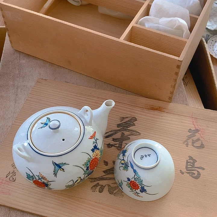 花鸟差距套一壶五杯釉上彩彩绘描金