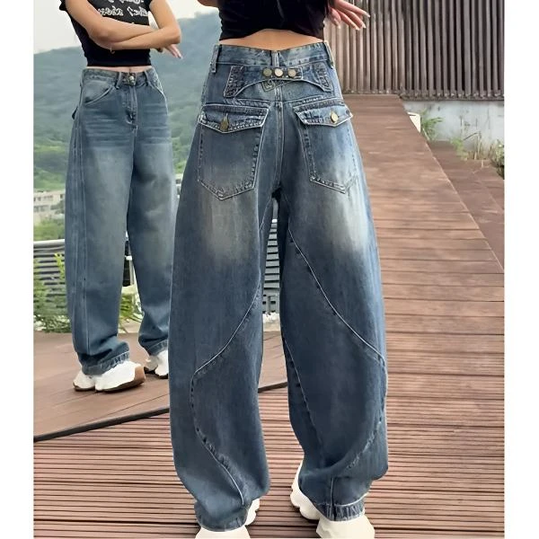 复古阔腿牛仔裤女早秋新款大码胖mm高腰显瘦宽松遮肉弯刀直筒裤子