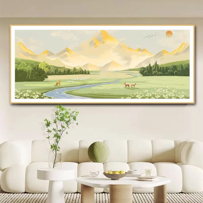 纯手工十字绣成品日照金山客厅卧室福鹿招财风景山水画180×62厘米