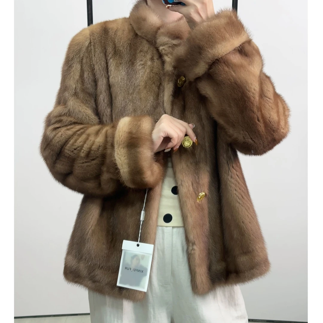 K10，M，金棕色立领挽袖短款水貂外套