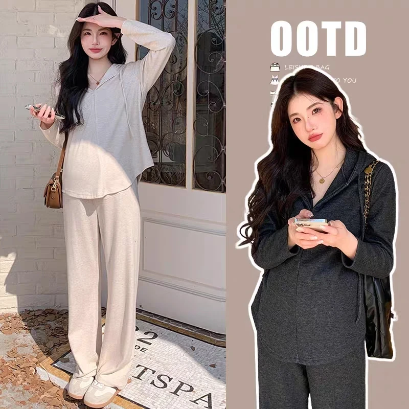 孕妇加绒加厚款时尚慵懒风半拉链宽松连帽上衣搭配阔腿裤显瘦套装
